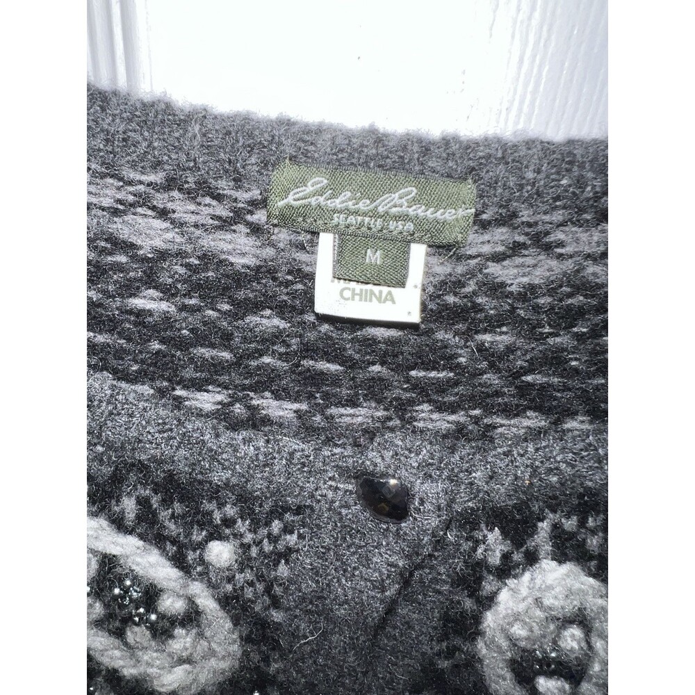 Eddie Bauer Sweater Womens M Cardigan Grey Nordic Embroidered Lambswool Button - Picture 4 of 10